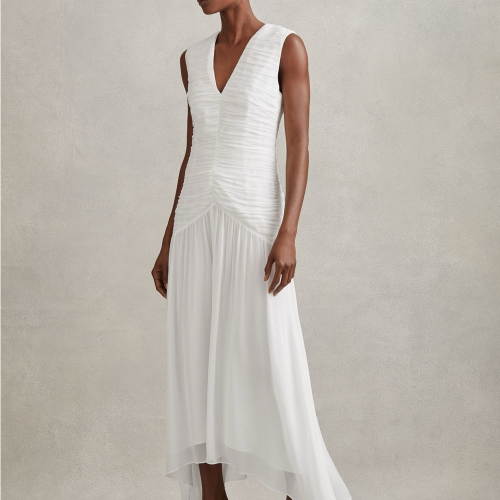 REISS SAFFY RUCHED BODYCON MIDI DRESS IN IVORY